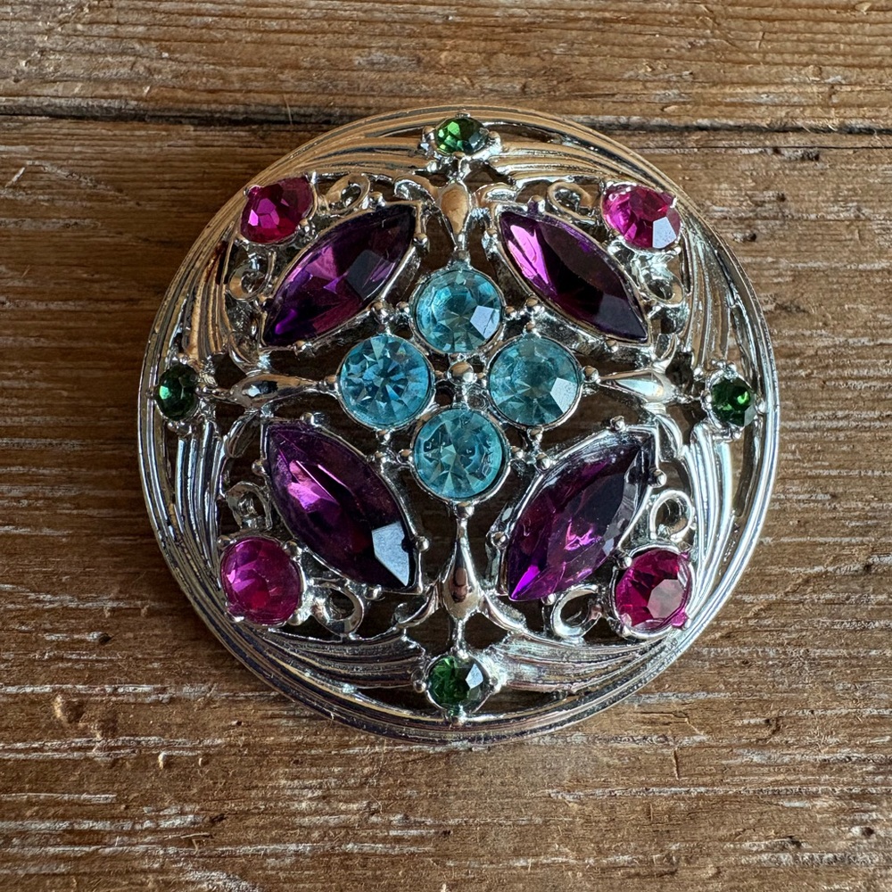 Vintage Springtime Silver-Tone Statement Brooch - Purple, Teal, Pink, Green